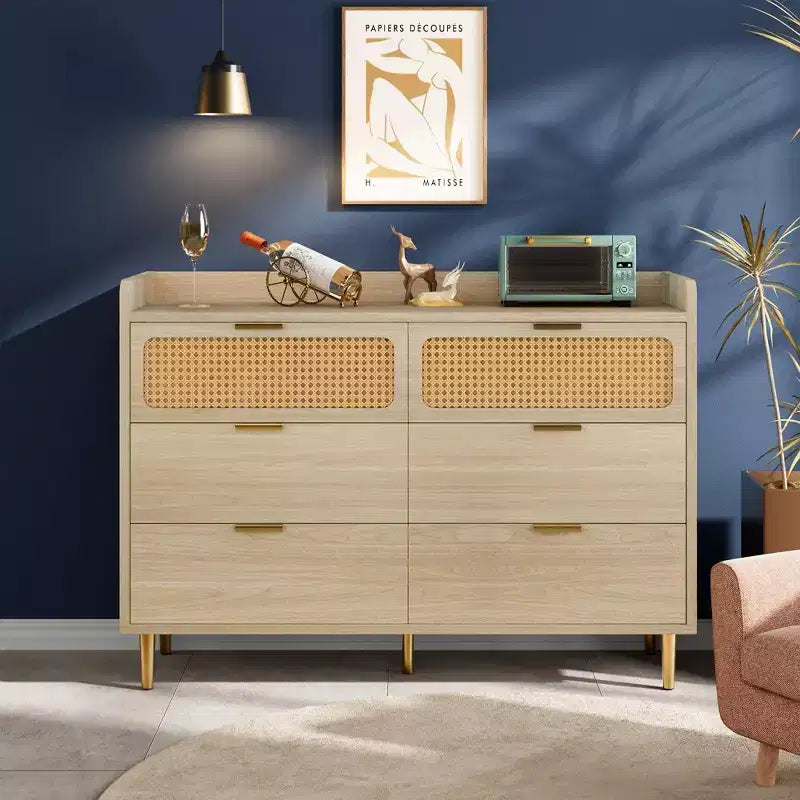 Dresser for Bedroom, 6-Drawer Mid Century Modern Dresser with Gold Hardware & Rattan Design, TV Stand