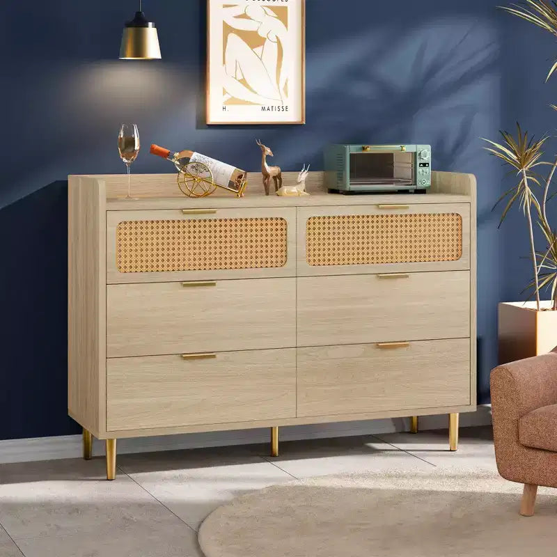 Dresser for Bedroom, 6-Drawer Mid Century Modern Dresser with Gold Hardware & Rattan Design, TV Stand