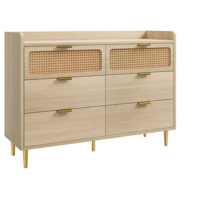 Dresser for Bedroom, 6-Drawer Mid Century Modern Dresser with Gold Hardware & Rattan Design, TV Stand