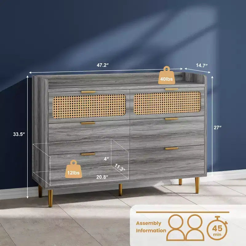 Dresser for Bedroom, 6-Drawer Mid Century Modern Dresser with Gold Hardware & Rattan Design, TV Stand