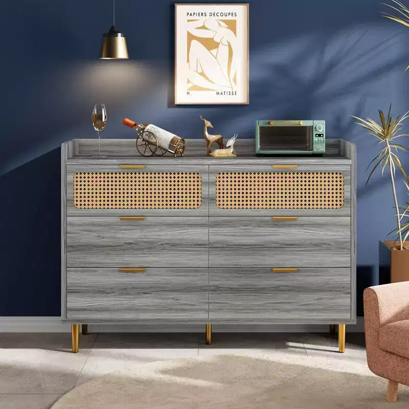 Dresser for Bedroom, 6-Drawer Mid Century Modern Dresser with Gold Hardware & Rattan Design, TV Stand