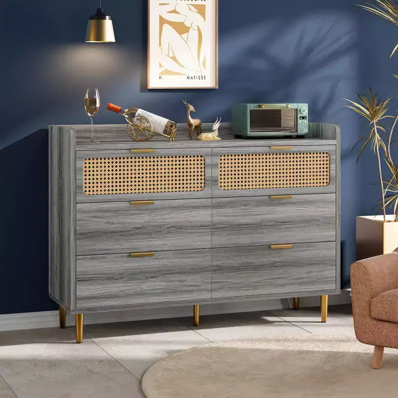Dresser for Bedroom, 6-Drawer Mid Century Modern Dresser with Gold Hardware & Rattan Design, TV Stand
