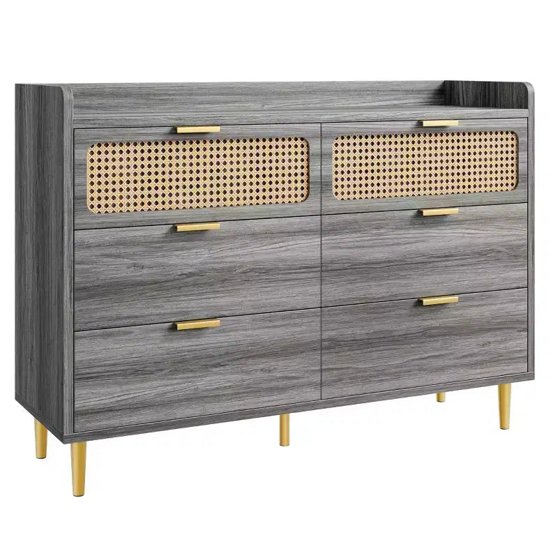 Dresser for Bedroom, 6-Drawer Mid Century Modern Dresser with Gold Hardware & Rattan Design, TV Stand
