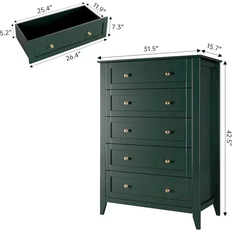 5 Drawer Tall Wooden Dresser, Modern Deep Drawers with Metal Knobs, Versatile Storage Chest for Bedroom Entryway Hallway