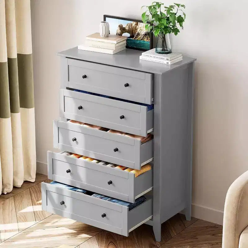 5 Drawer Tall Wooden Dresser, Modern Deep Drawers with Metal Knobs, Versatile Storage Chest for Bedroom Entryway Hallway