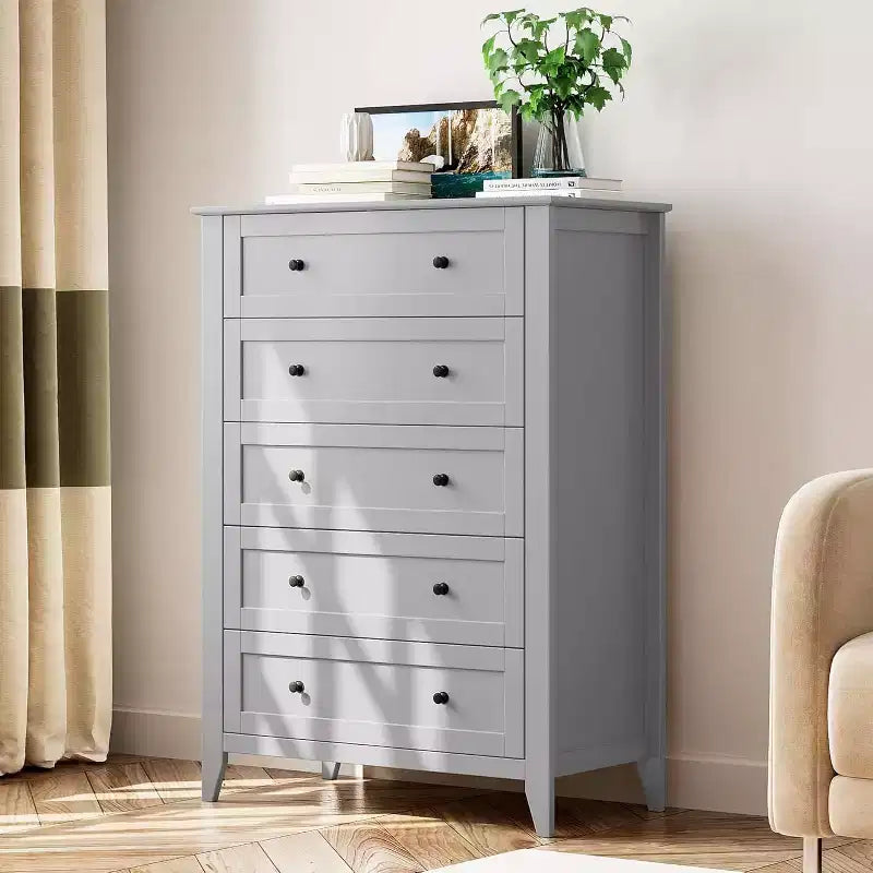 5 Drawer Tall Wooden Dresser, Modern Deep Drawers with Metal Knobs, Versatile Storage Chest for Bedroom Entryway Hallway