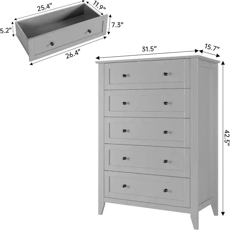 5 Drawer Tall Wooden Dresser, Modern Deep Drawers with Metal Knobs, Versatile Storage Chest for Bedroom Entryway Hallway