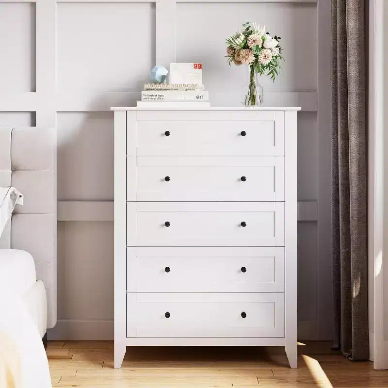 5 Drawer Tall Wooden Dresser, Modern Deep Drawers with Metal Knobs, Versatile Storage Chest for Bedroom Entryway Hallway