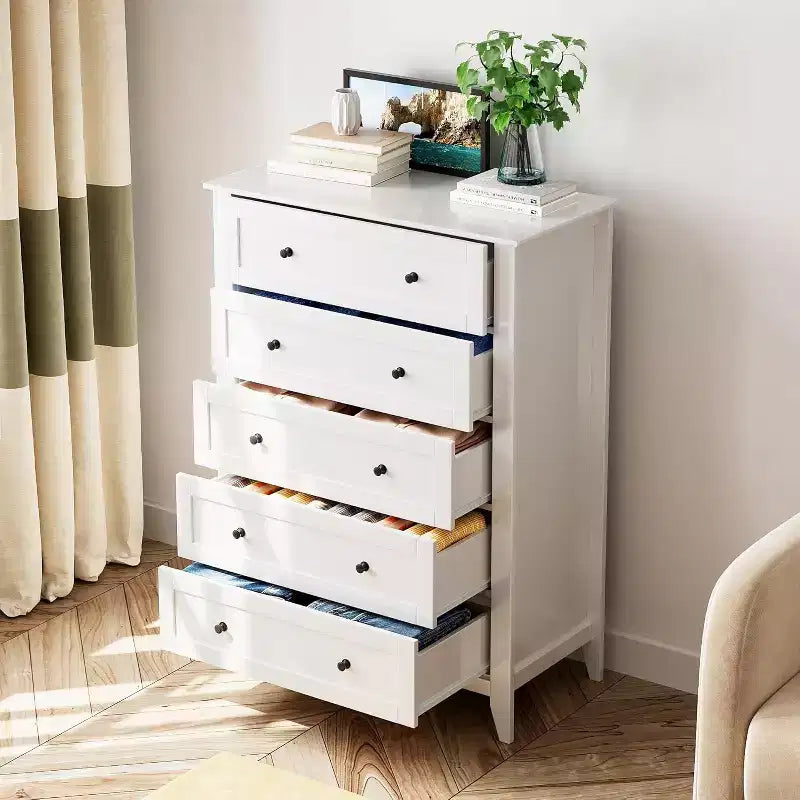 5 Drawer Tall Wooden Dresser, Modern Deep Drawers with Metal Knobs, Versatile Storage Chest for Bedroom Entryway Hallway