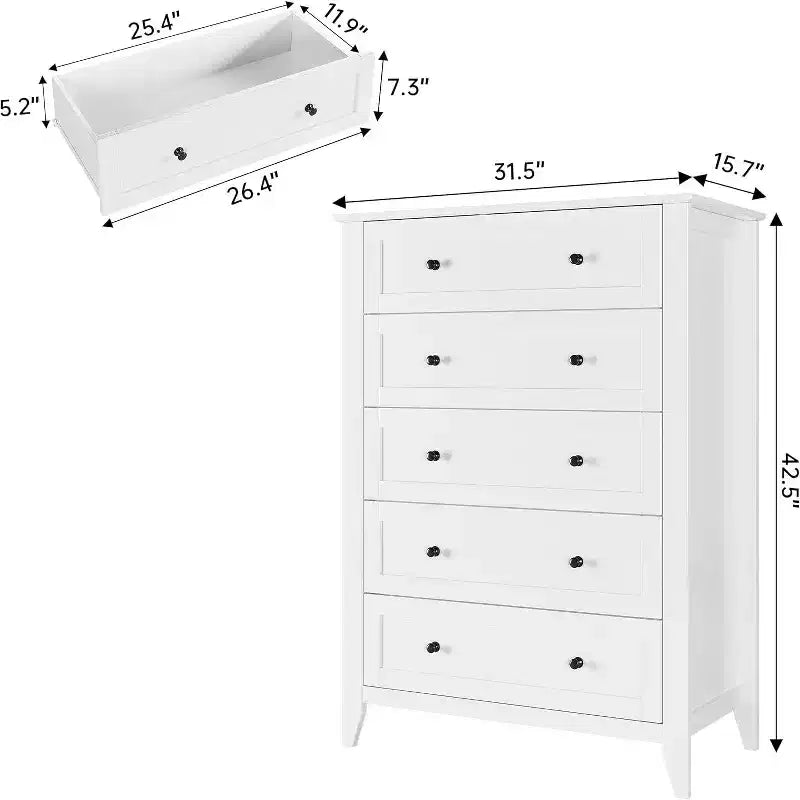 5 Drawer Tall Wooden Dresser, Modern Deep Drawers with Metal Knobs, Versatile Storage Chest for Bedroom Entryway Hallway