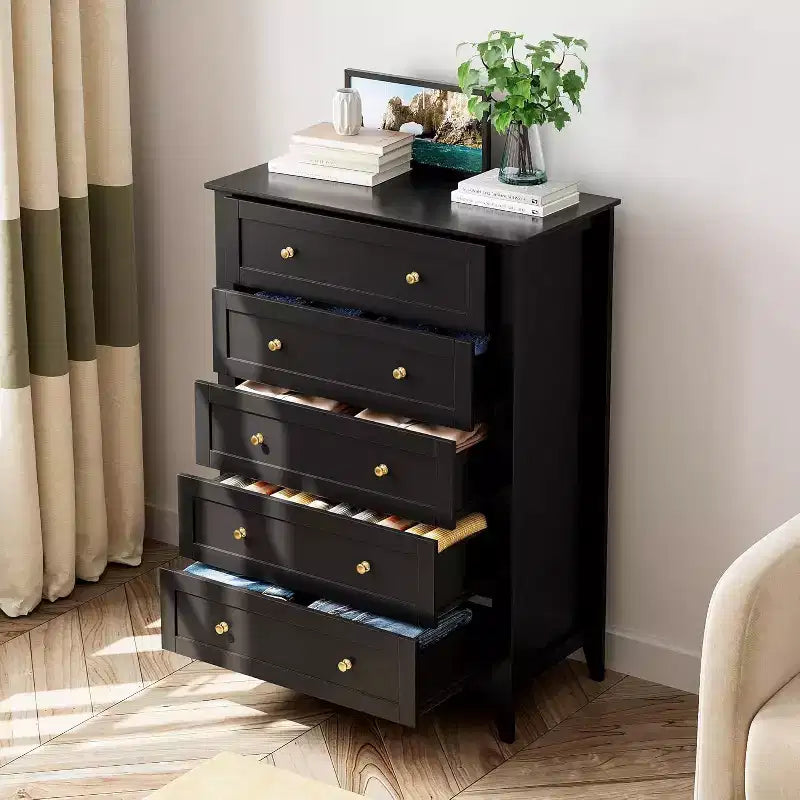 5 Drawer Tall Wooden Dresser, Modern Deep Drawers with Metal Knobs, Versatile Storage Chest for Bedroom Entryway Hallway