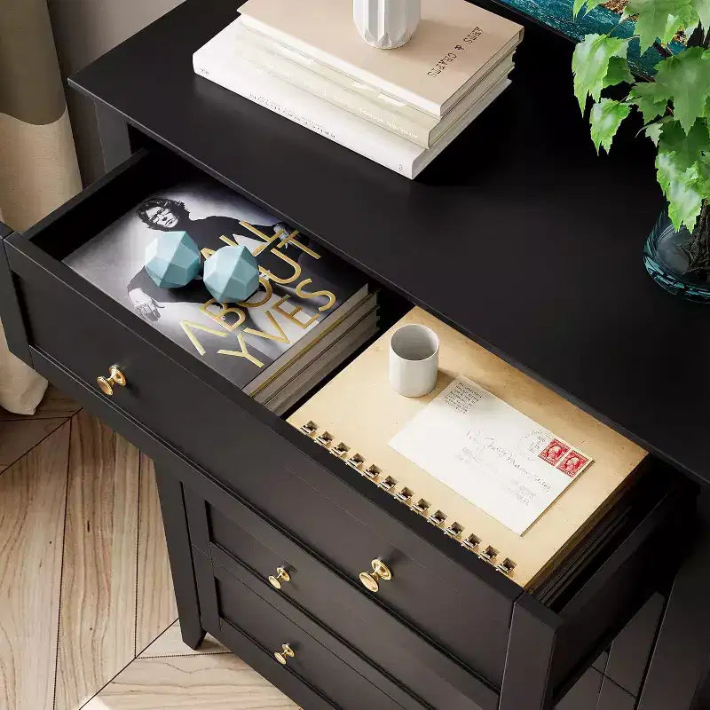 5 Drawer Tall Wooden Dresser, Modern Deep Drawers with Metal Knobs, Versatile Storage Chest for Bedroom Entryway Hallway