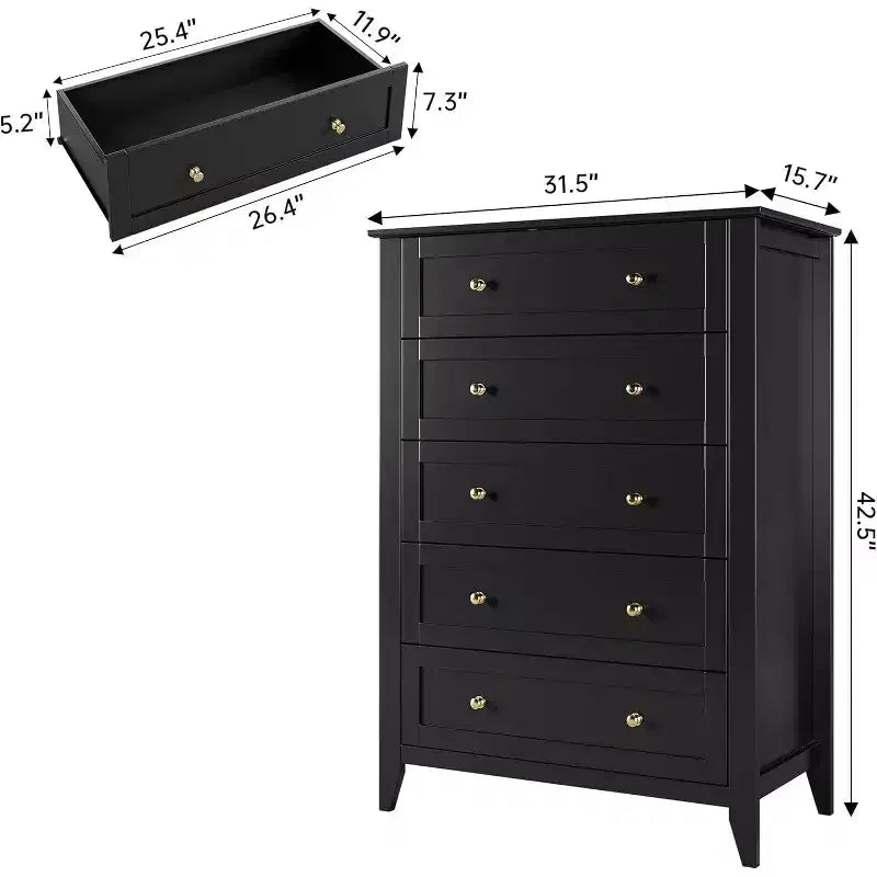 5 Drawer Tall Wooden Dresser, Modern Deep Drawers with Metal Knobs, Versatile Storage Chest for Bedroom Entryway Hallway
