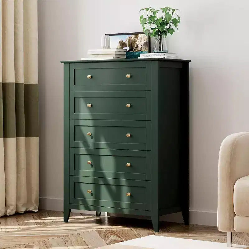 5 Drawer Tall Wooden Dresser, Modern Deep Drawers with Metal Knobs, Versatile Storage Chest for Bedroom Entryway Hallway