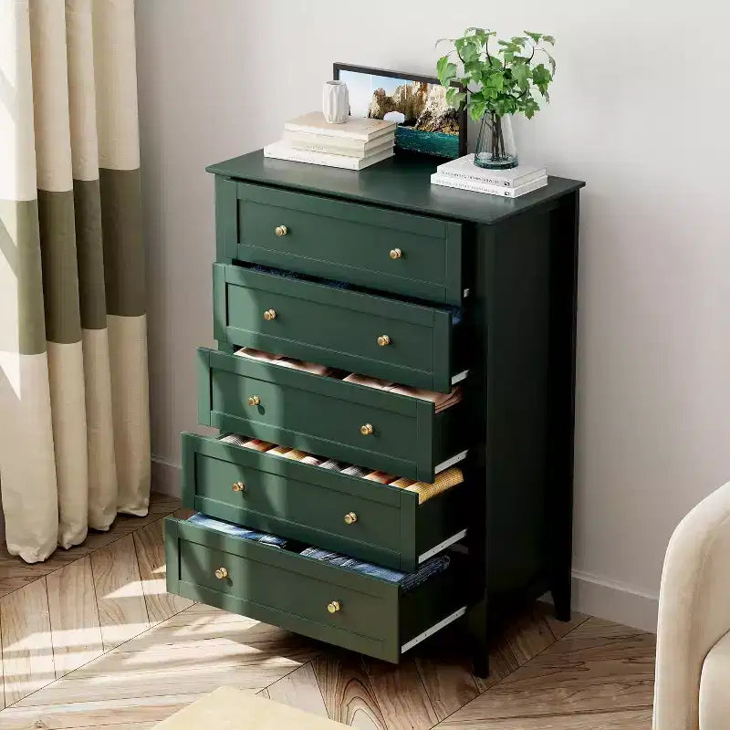 5 Drawer Tall Wooden Dresser, Modern Deep Drawers with Metal Knobs, Versatile Storage Chest for Bedroom Entryway Hallway
