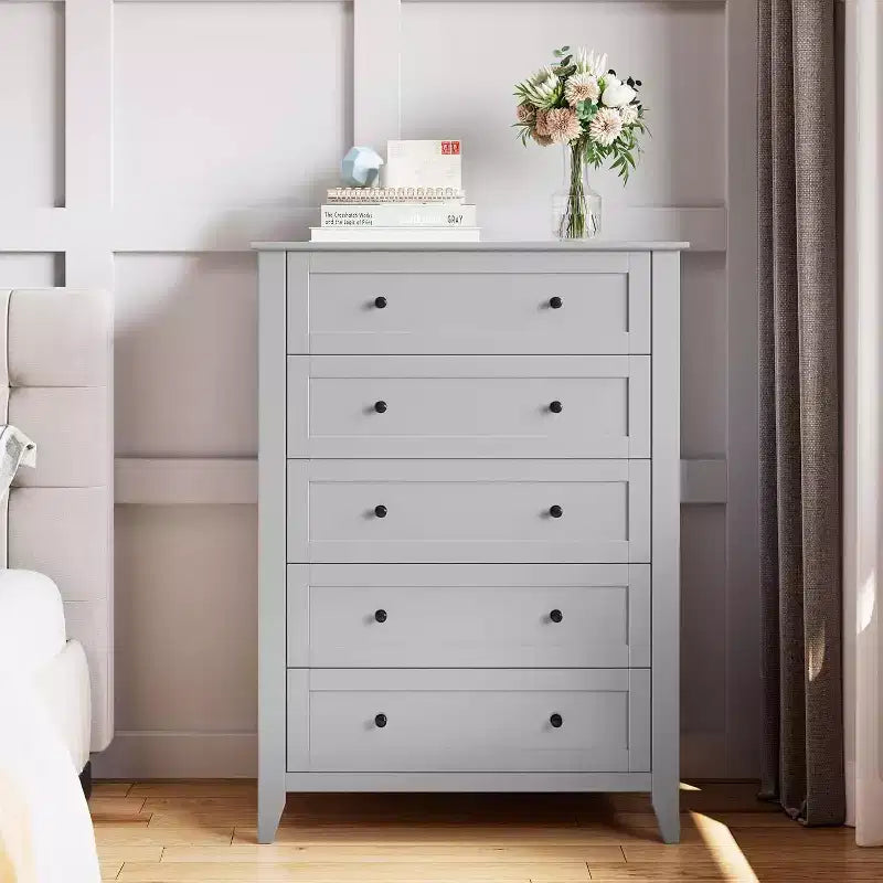 5 Drawer Tall Wooden Dresser, Modern Deep Drawers with Metal Knobs, Versatile Storage Chest for Bedroom Entryway Hallway
