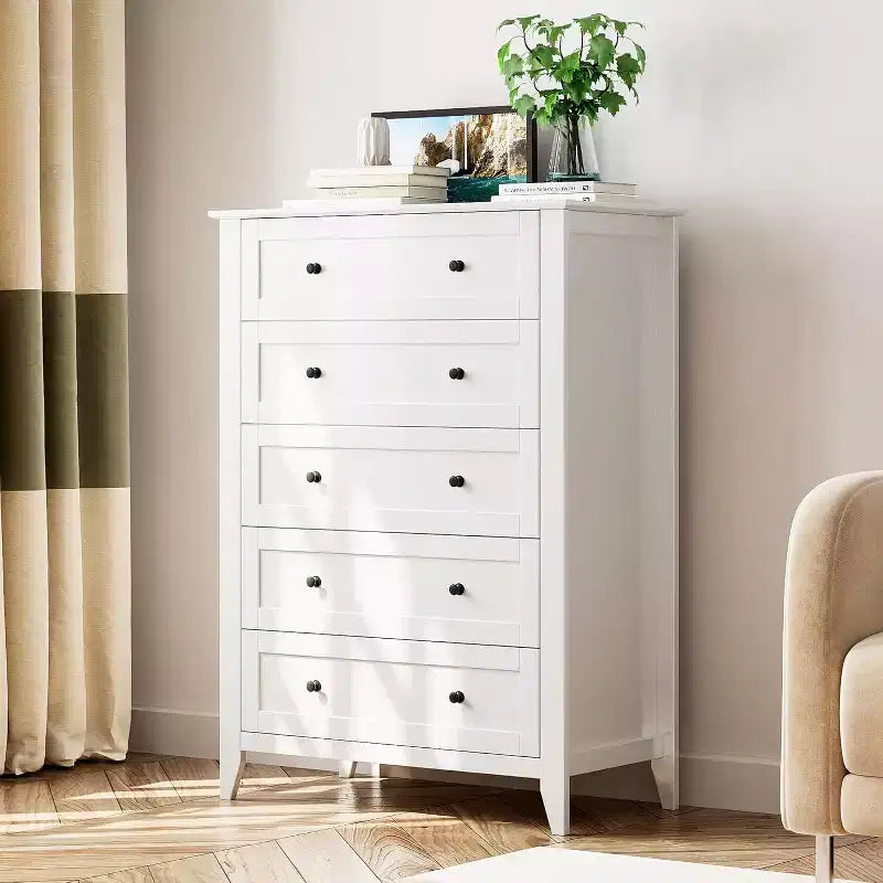 5 Drawer Tall Wooden Dresser, Modern Deep Drawers with Metal Knobs, Versatile Storage Chest for Bedroom Entryway Hallway