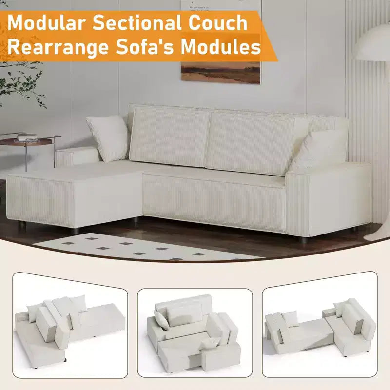 L-Shaped Modular Sectional Sofa with Ottoman, Fuzzy Sponge Cloud Couch in a Box, No Assembly Required, Modern Upholstered for Living Room