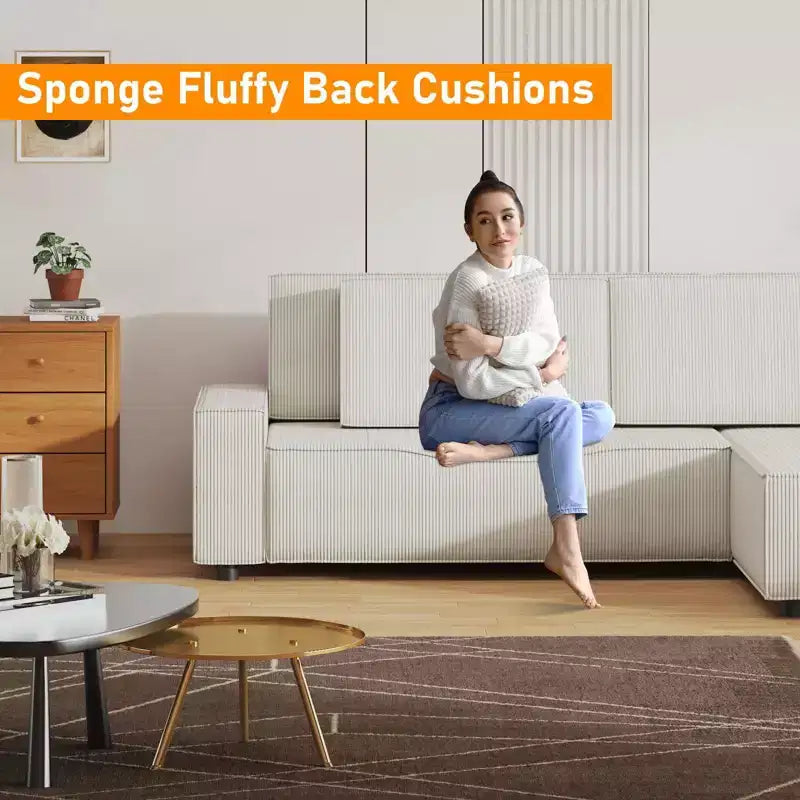 L-Shaped Modular Sectional Sofa with Ottoman, Fuzzy Sponge Cloud Couch in a Box, No Assembly Required, Modern Upholstered for Living Room