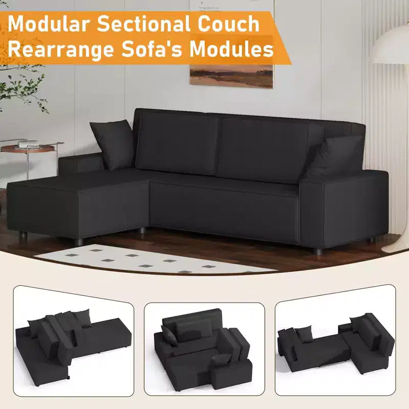L-Shaped Modular Sectional Sofa with Ottoman, Fuzzy Sponge Cloud Couch in a Box, No Assembly Required, Modern Upholstered for Living Room