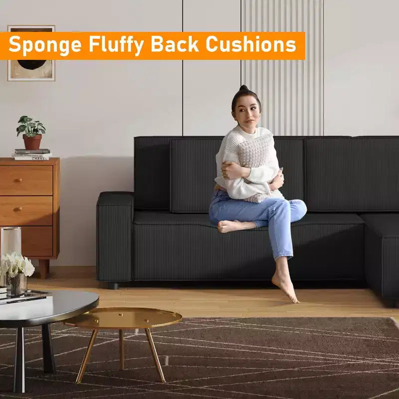 L-Shaped Modular Sectional Sofa with Ottoman, Fuzzy Sponge Cloud Couch in a Box, No Assembly Required, Modern Upholstered for Living Room