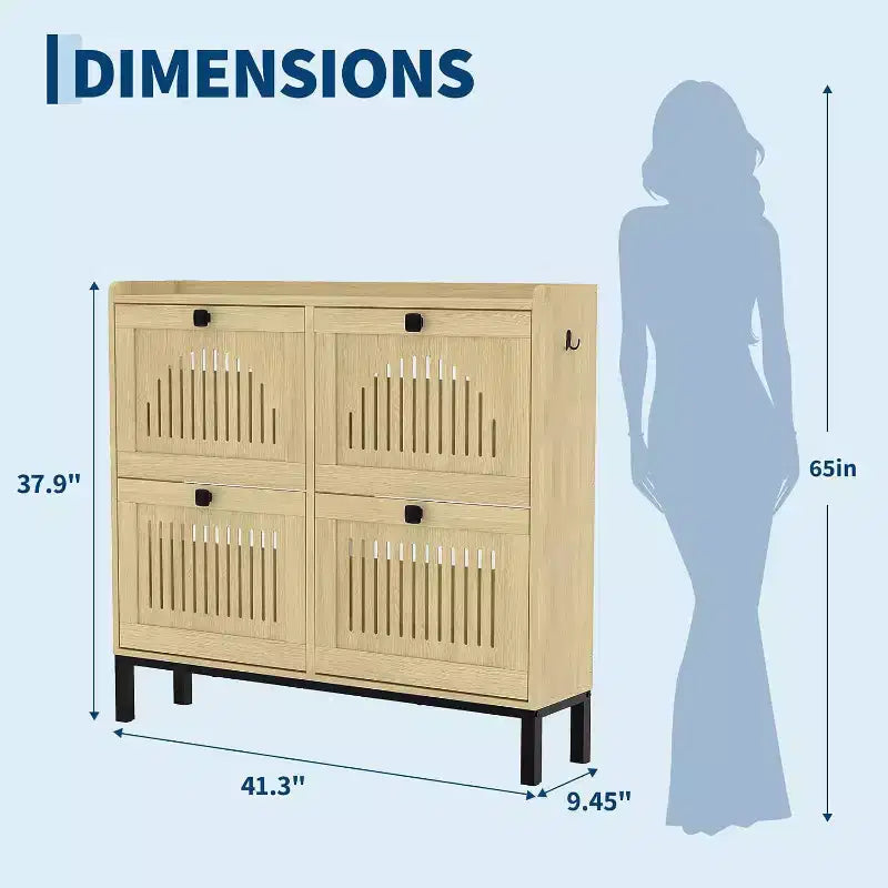 4 Flip Drawer Shoe Cabinet with Adjustable Shelves, Hidden Shoe Organizer with Large Capacity, Freestanding Wooden Shoe Rack for Home