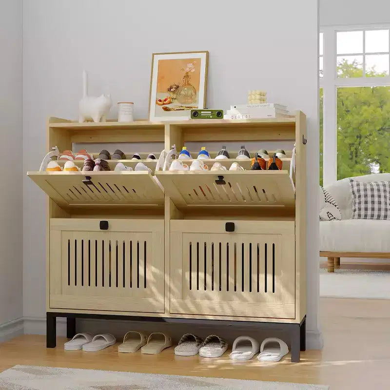 4 Flip Drawer Shoe Cabinet with Adjustable Shelves, Hidden Shoe Organizer with Large Capacity, Freestanding Wooden Shoe Rack for Home