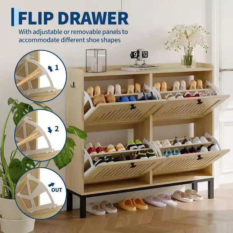4 Flip Drawer Shoe Cabinet with Adjustable Shelves, Hidden Shoe Organizer with Large Capacity, Freestanding Wooden Shoe Rack for Home