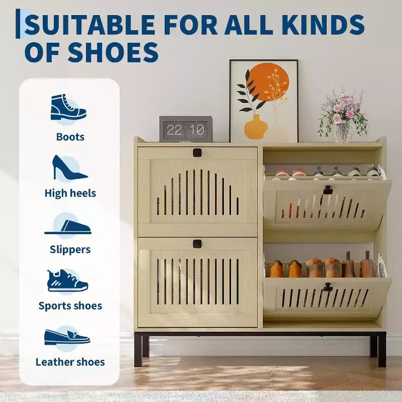4 Flip Drawer Shoe Cabinet with Adjustable Shelves, Hidden Shoe Organizer with Large Capacity, Freestanding Wooden Shoe Rack for Home