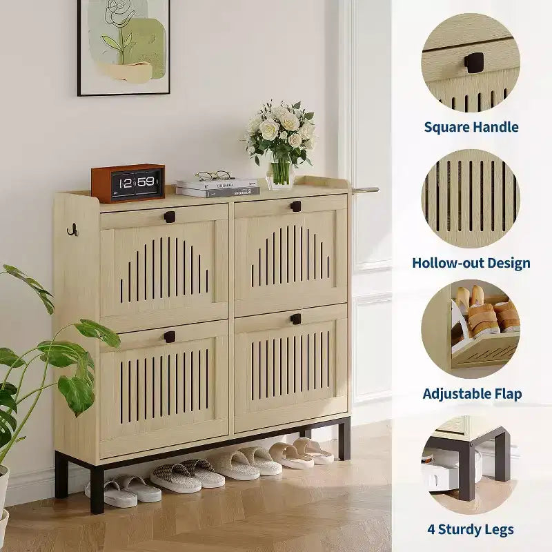 4 Flip Drawer Shoe Cabinet with Adjustable Shelves, Hidden Shoe Organizer with Large Capacity, Freestanding Wooden Shoe Rack for Home