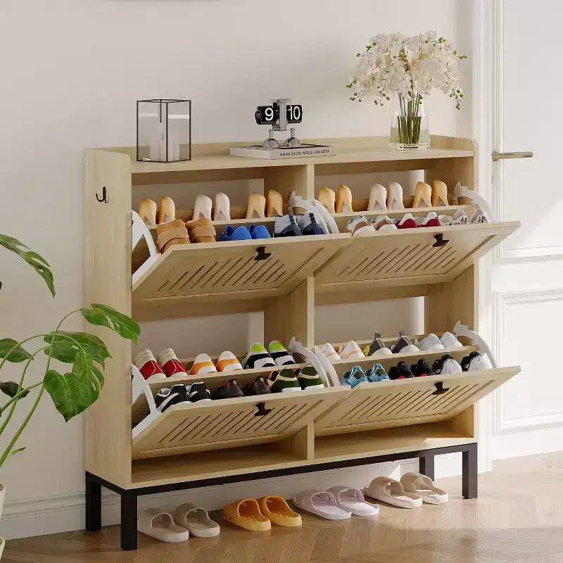 4 Flip Drawer Shoe Cabinet with Adjustable Shelves, Hidden Shoe Organizer with Large Capacity, Freestanding Wooden Shoe Rack for Home