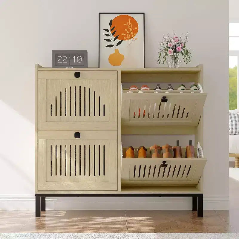 4 Flip Drawer Shoe Cabinet with Adjustable Shelves, Hidden Shoe Organizer with Large Capacity, Freestanding Wooden Shoe Rack for Home