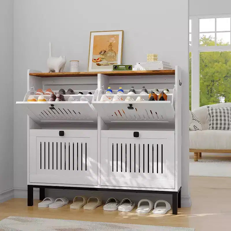 4 Flip Drawer Shoe Cabinet with Adjustable Shelves, Hidden Shoe Organizer with Large Capacity, Freestanding Wooden Shoe Rack for Home
