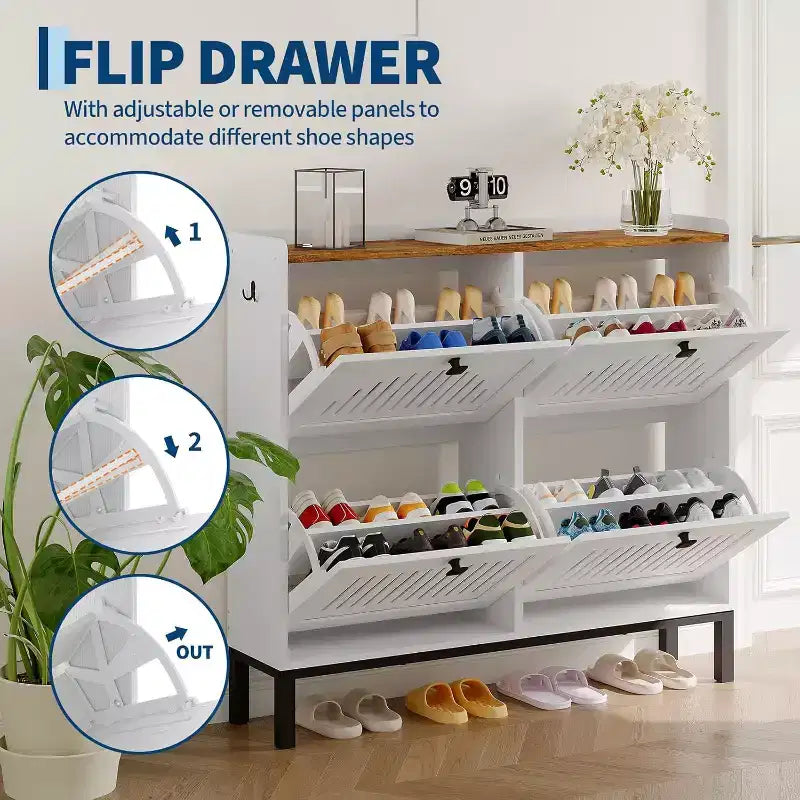 4 Flip Drawer Shoe Cabinet with Adjustable Shelves, Hidden Shoe Organizer with Large Capacity, Freestanding Wooden Shoe Rack for Home