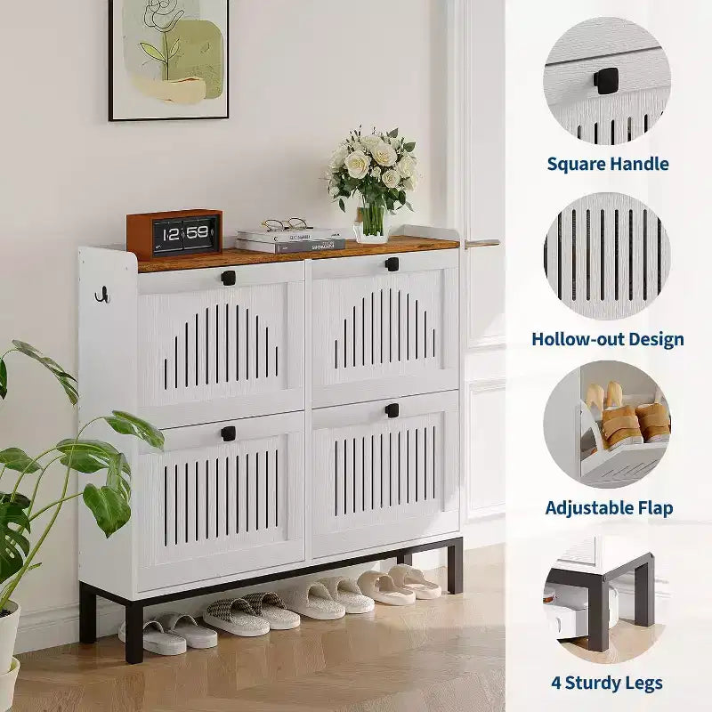 4 Flip Drawer Shoe Cabinet with Adjustable Shelves, Hidden Shoe Organizer with Large Capacity, Freestanding Wooden Shoe Rack for Home
