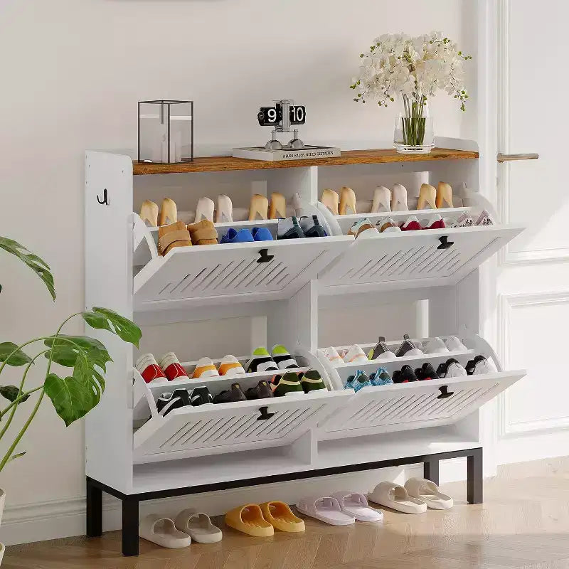 4 Flip Drawer Shoe Cabinet with Adjustable Shelves, Hidden Shoe Organizer with Large Capacity, Freestanding Wooden Shoe Rack for Home
