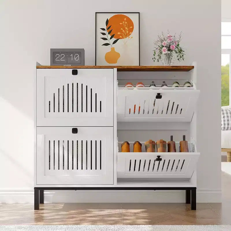 4 Flip Drawer Shoe Cabinet with Adjustable Shelves, Hidden Shoe Organizer with Large Capacity, Freestanding Wooden Shoe Rack for Home
