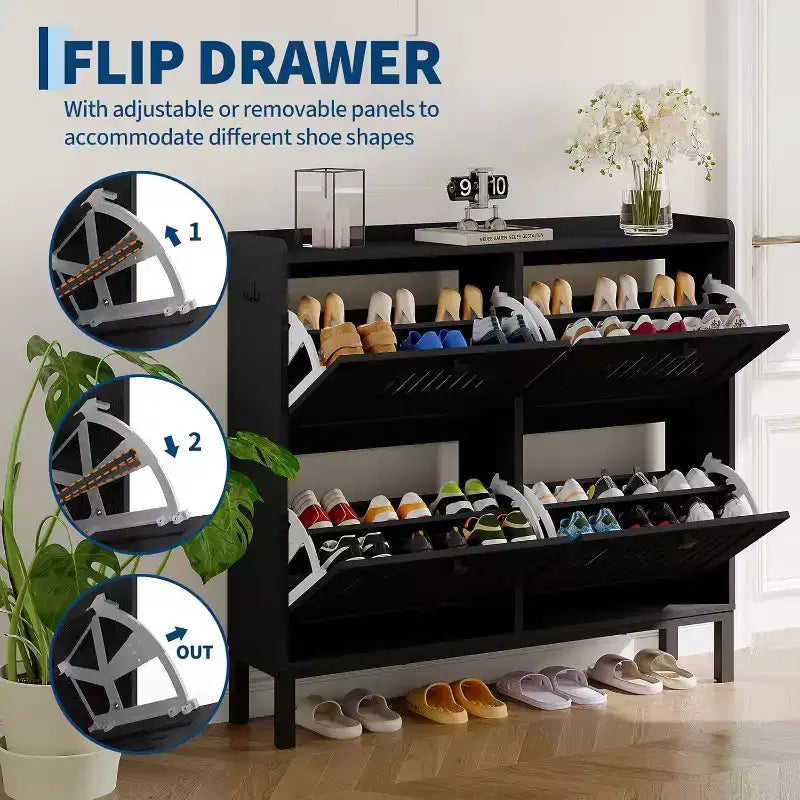 4 Flip Drawer Shoe Cabinet with Adjustable Shelves, Hidden Shoe Organizer with Large Capacity, Freestanding Wooden Shoe Rack for Home
