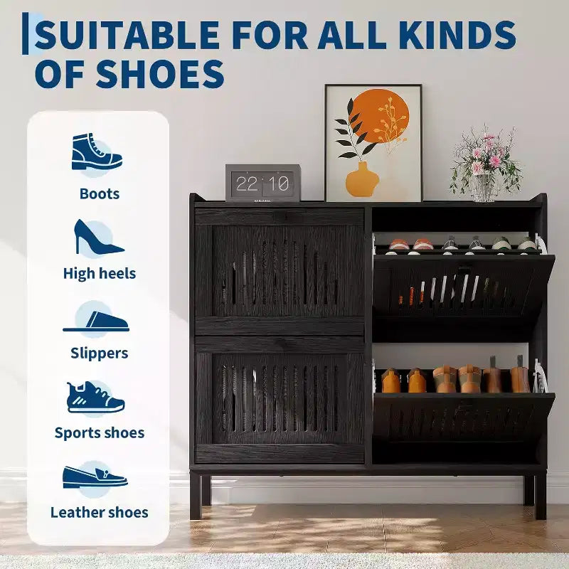 4 Flip Drawer Shoe Cabinet with Adjustable Shelves, Hidden Shoe Organizer with Large Capacity, Freestanding Wooden Shoe Rack for Home