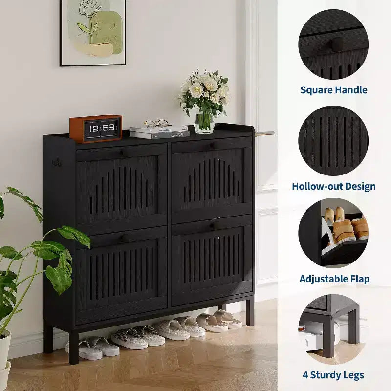4 Flip Drawer Shoe Cabinet with Adjustable Shelves, Hidden Shoe Organizer with Large Capacity, Freestanding Wooden Shoe Rack for Home