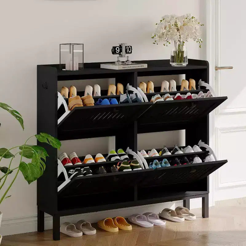 4 Flip Drawer Shoe Cabinet with Adjustable Shelves, Hidden Shoe Organizer with Large Capacity, Freestanding Wooden Shoe Rack for Home