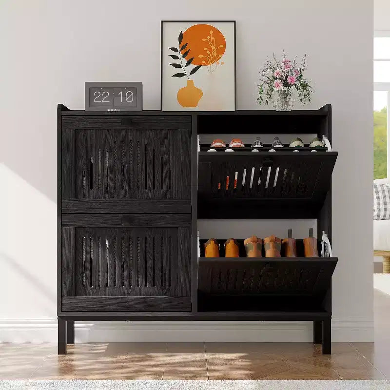 4 Flip Drawer Shoe Cabinet with Adjustable Shelves, Hidden Shoe Organizer with Large Capacity, Freestanding Wooden Shoe Rack for Home