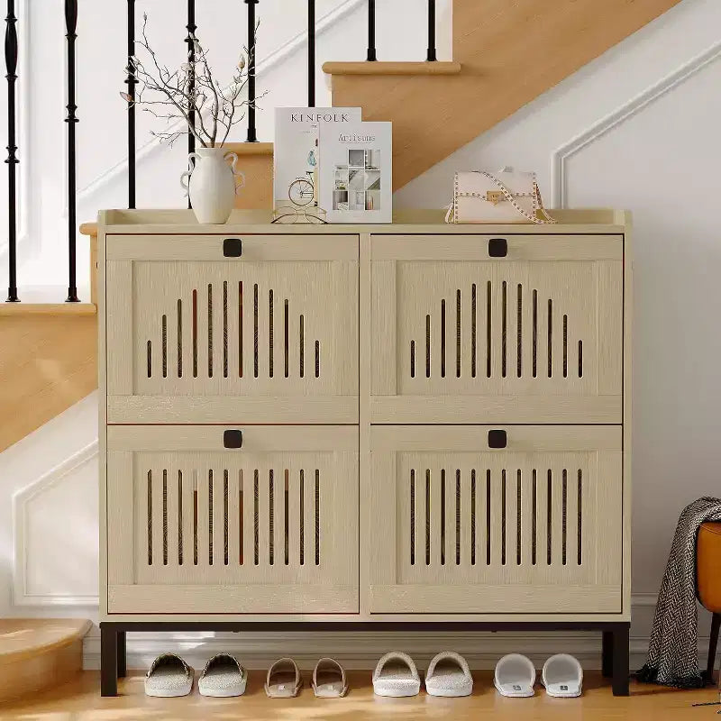 4 Flip Drawer Shoe Cabinet with Adjustable Shelves, Hidden Shoe Organizer with Large Capacity, Freestanding Wooden Shoe Rack for Home