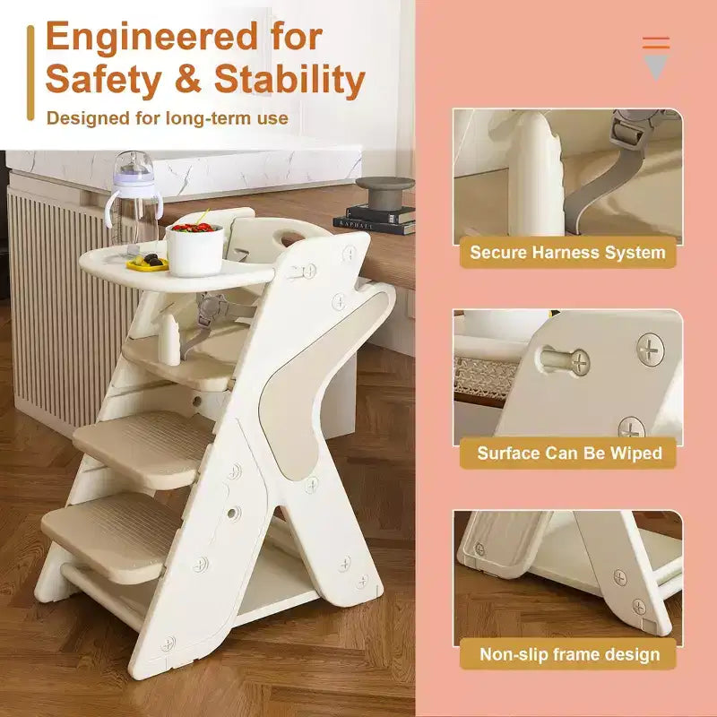 Multifunctional Toddler Dining Chair, Adjustable Height Toddler Tower High Chair with 5-Point Harness and Removable Large Tray for Feeding & Eating
