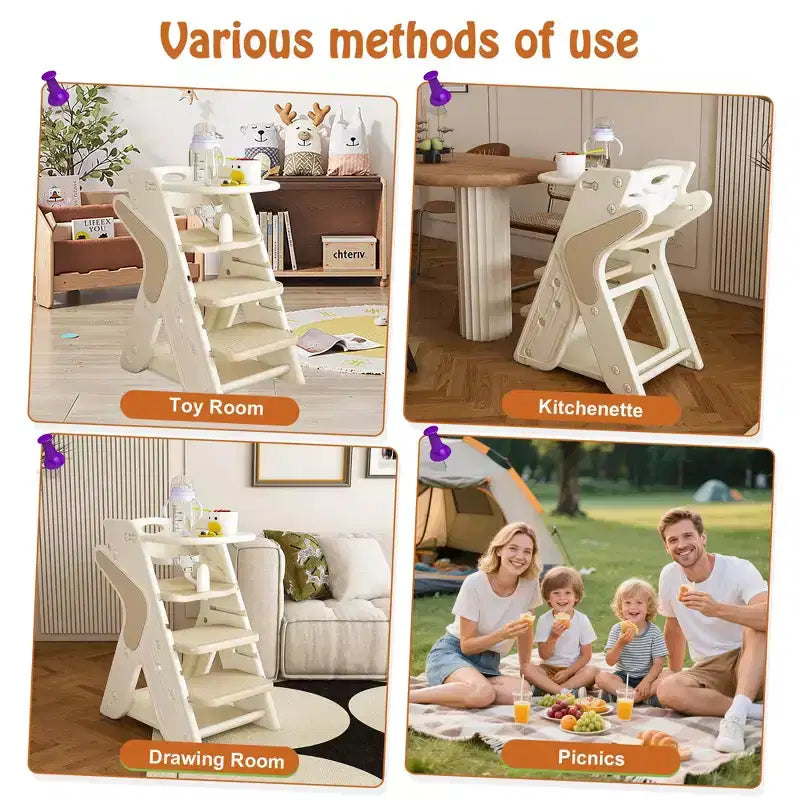 Multifunctional Toddler Dining Chair, Adjustable Height Toddler Tower High Chair with 5-Point Harness and Removable Large Tray for Feeding & Eating