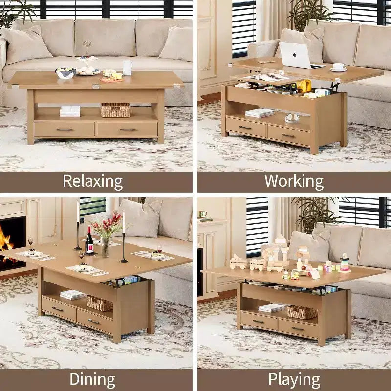 Transforming Lift Top Coffee Table, Converts to a Dining Table or Desk with Ample Storage