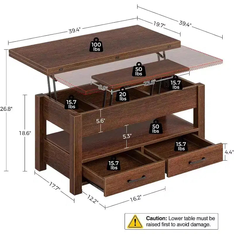 Transforming Lift Top Coffee Table, Converts to a Dining Table or Desk with Ample Storage