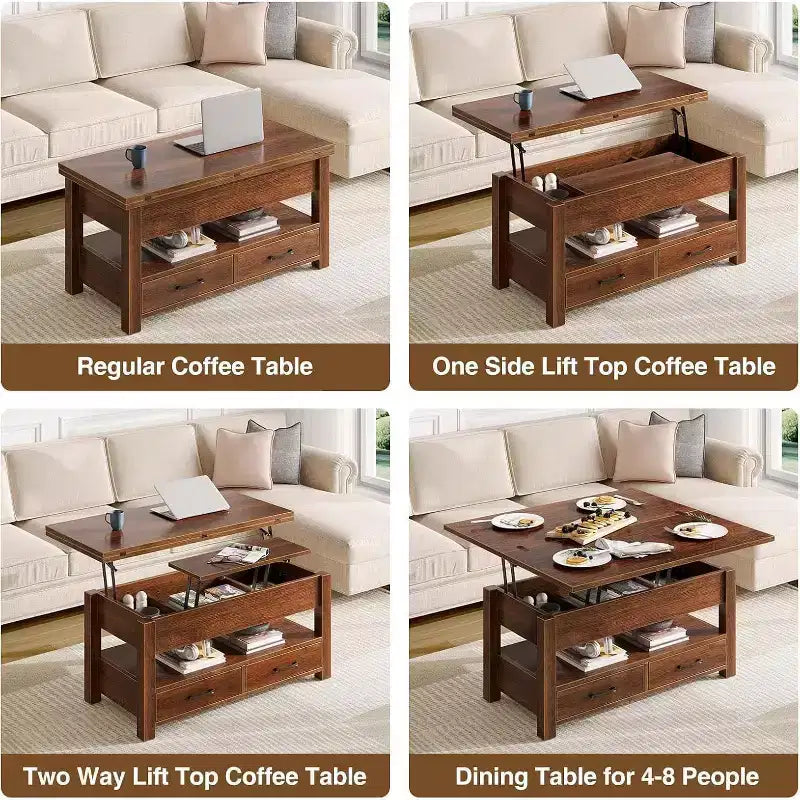 Transforming Lift Top Coffee Table, Converts to a Dining Table or Desk with Ample Storage