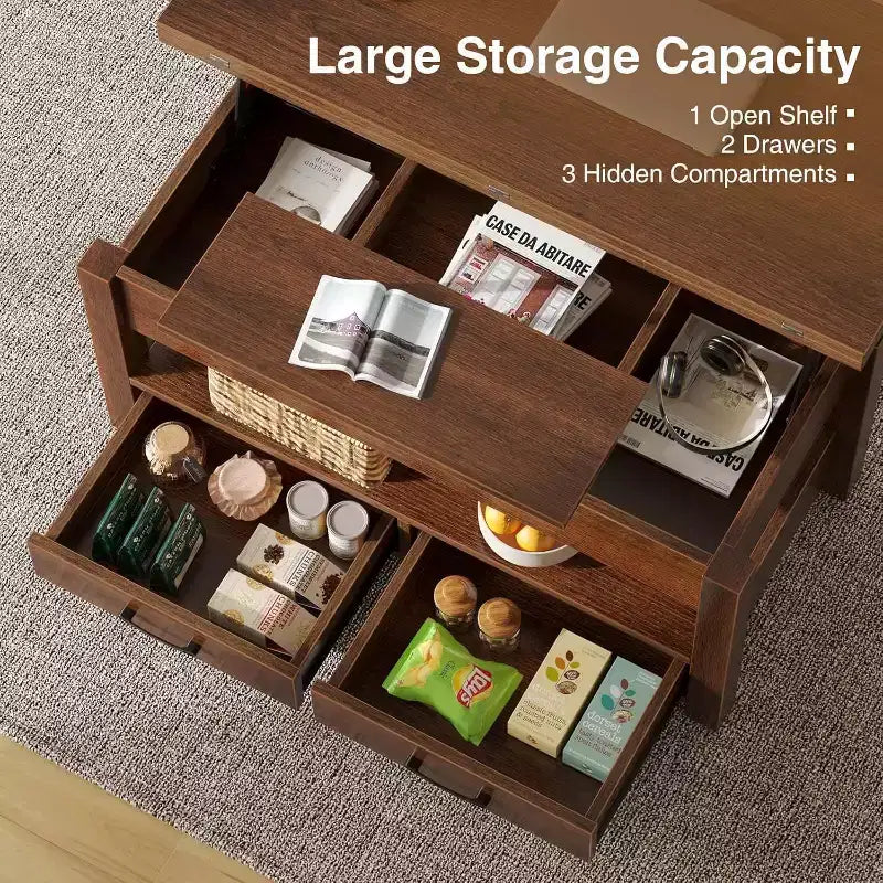 Transforming Lift Top Coffee Table, Converts to a Dining Table or Desk with Ample Storage