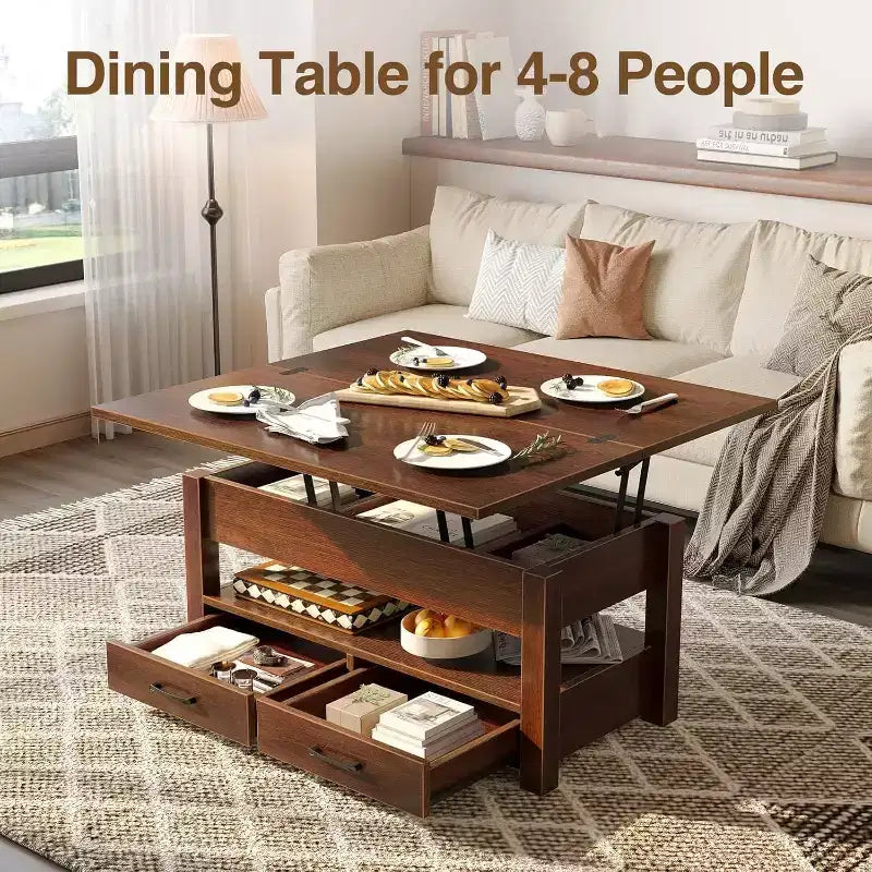 Transforming Lift Top Coffee Table, Converts to a Dining Table or Desk with Ample Storage